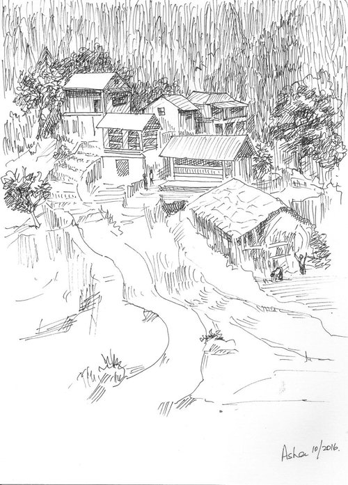 Houses on the slopes of a hill by Asha Shenoy