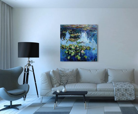 Water lilies Original Oil painting 80 x 80 cm FREE SHIPPING