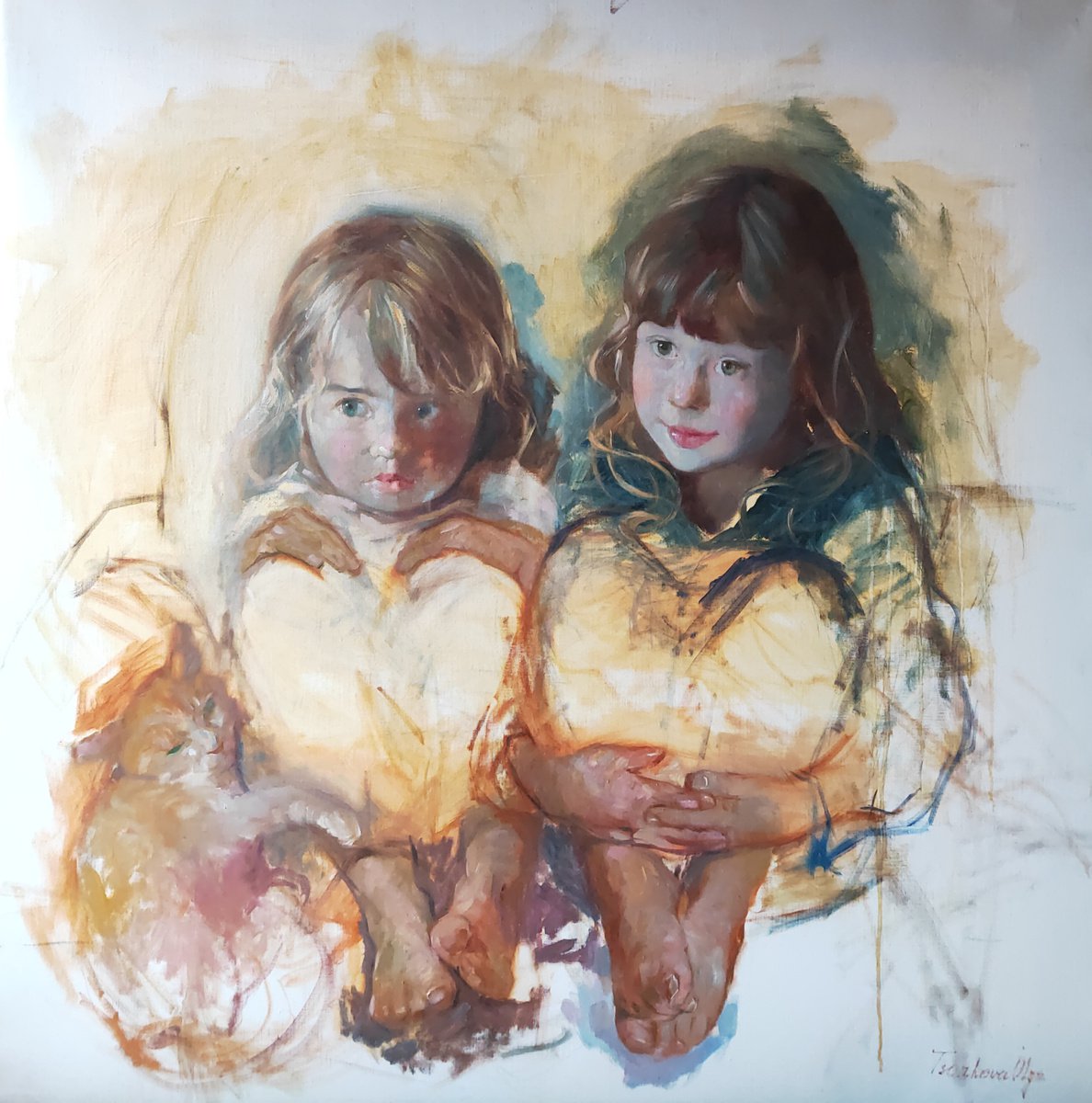 Two Sisters Painting Original Art 80 by 80 cm by Olga Tsarkova by Olga Tsarkova