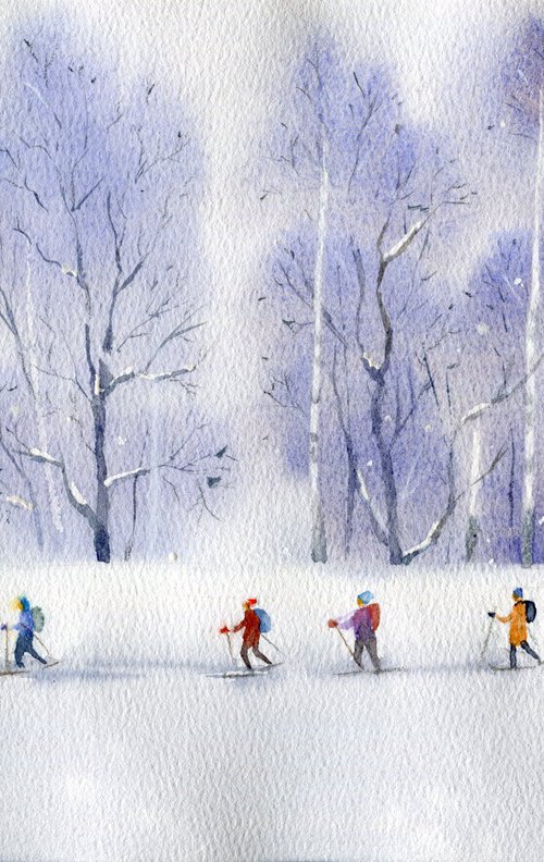 Ski trip. Original watercolor. by Evgeniya Mokeeva