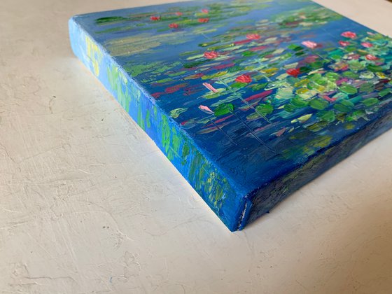 Pink Water lilies pond ! Oil painting on ready to hang canvas