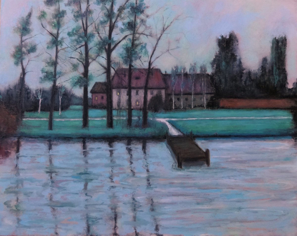 Landscape Oil Painting By Massimiliano Ligabue, 20 X 16", By The Canal, Original Artwork