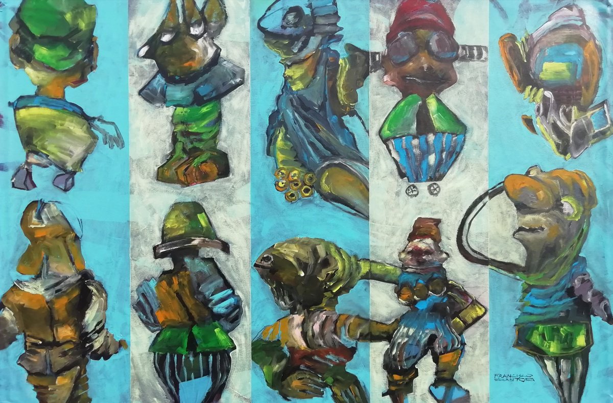 Expressive Portrait Acrylic Painting By Francisco Santos, 39 X 26, Abstract Fragments 4, Original Artwork