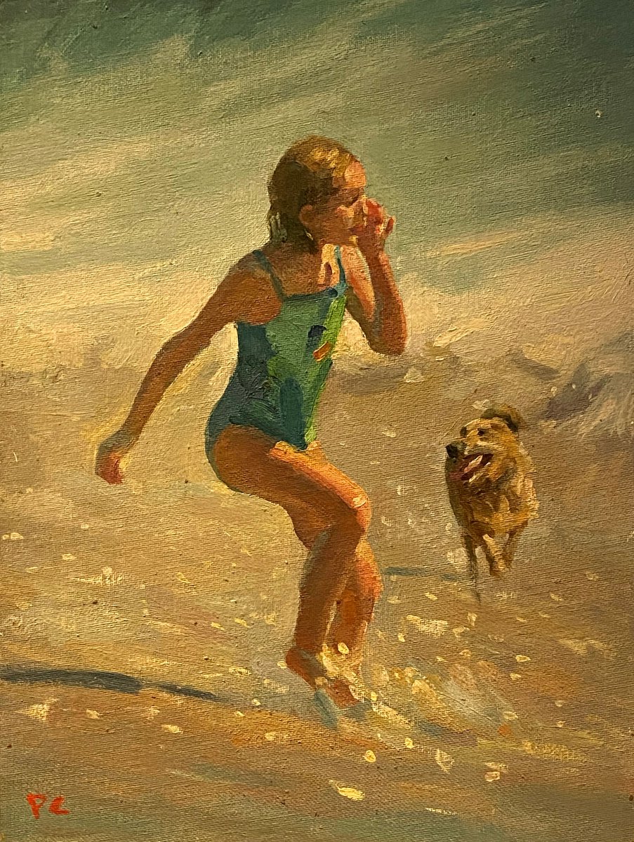 Blue Swimsuit Beach Girl With Her Dog by Paul Cheng
