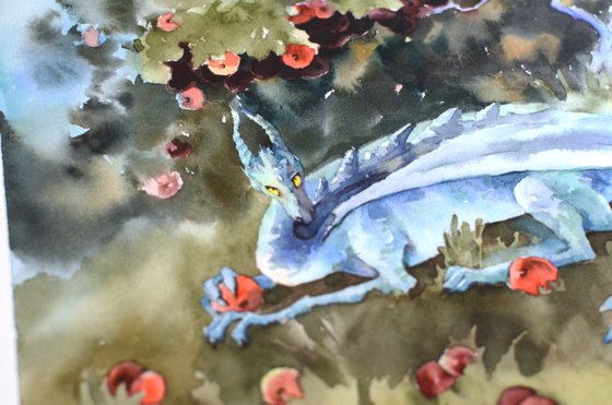 Watercolor Blue Dragon under the apple tree