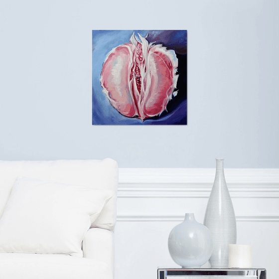 JUST GRAPEFRUIT _ oil on canvas, pink, erotic art, fruit, office decor, pop art, purple blue, nude