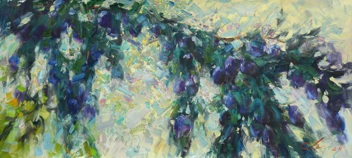 Impressionistic Still Life Oil Painting By Serhii Cherniakovskyi, 43 X 20", Fruity Delight, Original Artwork