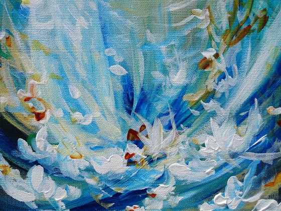 Abstract Forest Pond Lake Painting. Floral Garden. Blue White Flowers. Original Painting on Canvas 46x61cm Modern Impressionism  Art