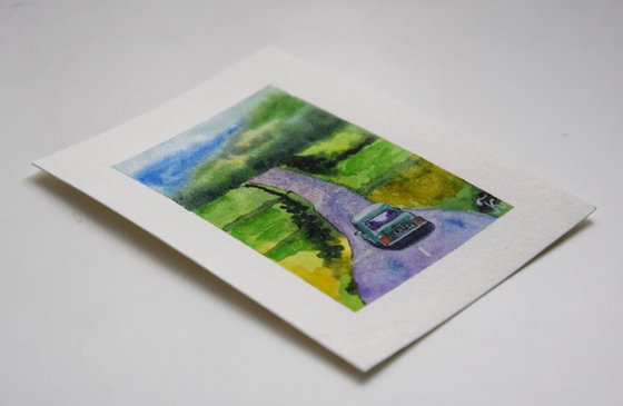 Miniature watercolor painting, Mini Cooper car on road tiny original art