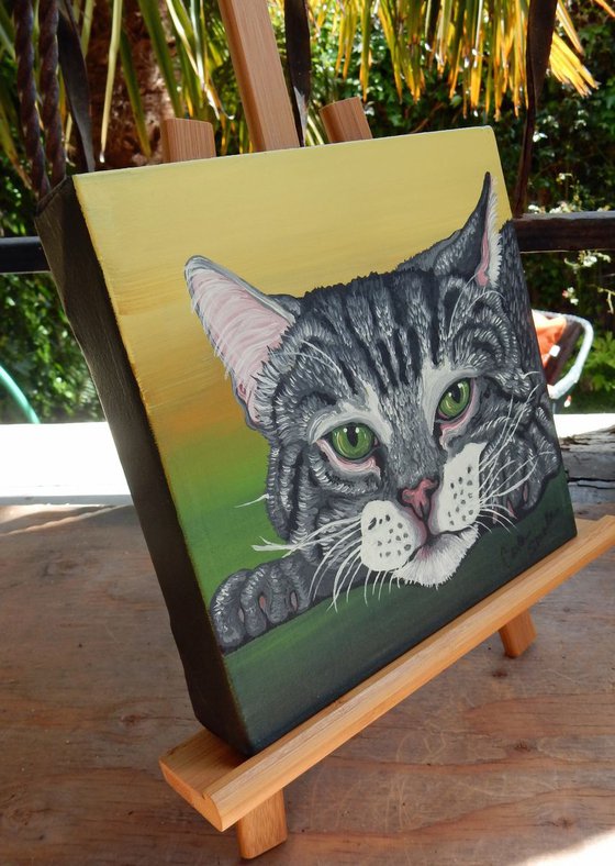 Grey Tabby Pet Cat Original Art Painting-8 x 8 Inches Deep Set Stretched Canvas-Carla Smale