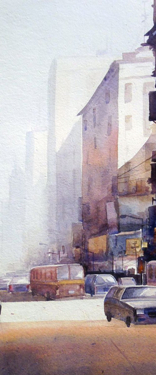 City at Morning-Watercolor on Paper by Samiran Sarkar