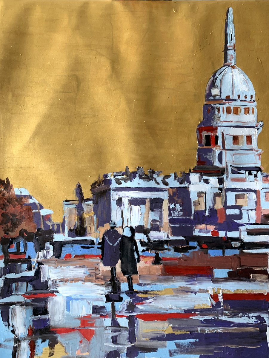 Expressive Oil Painting , Golden Sky Over London.trafalgar Square.#2. By Vita Schagen, 24 X 31, Artwork For Sale On Artfinder