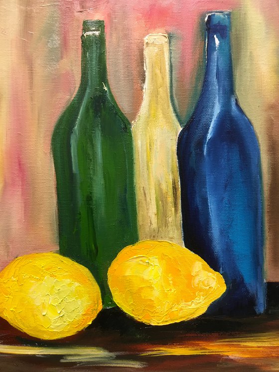 Bottles and lemons. Still life. Palette knife painting on linen canvas