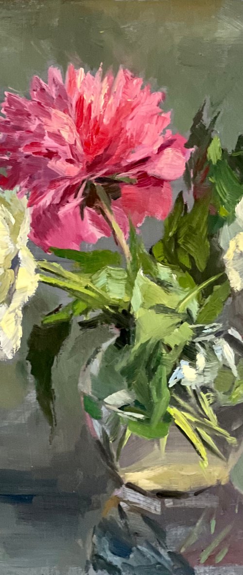 Large Floral Painting of White Peonies - Statement piece home decor by Nithya Swaminathan