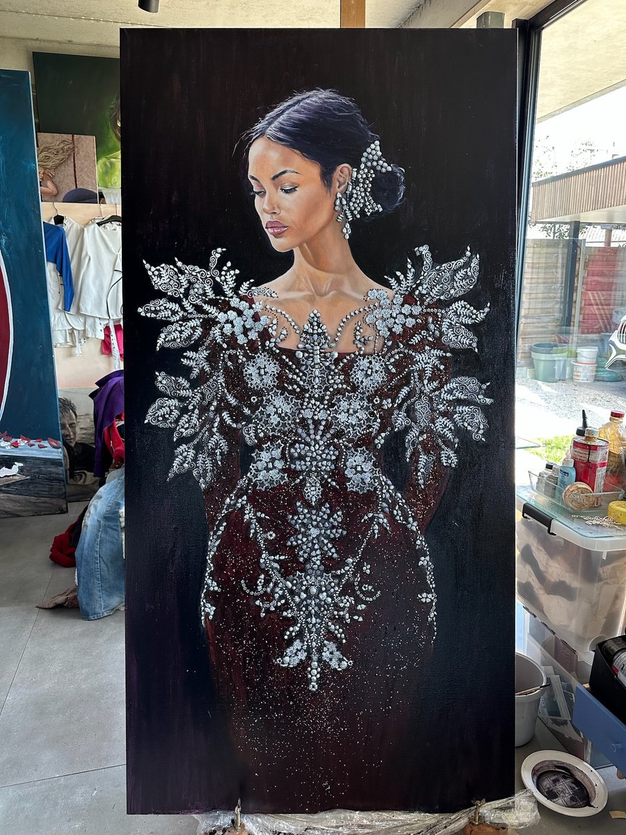 Expressive Portrait Oil Painting By Conny Roels, 35 X 71, Engelengeduld, Original Artwork