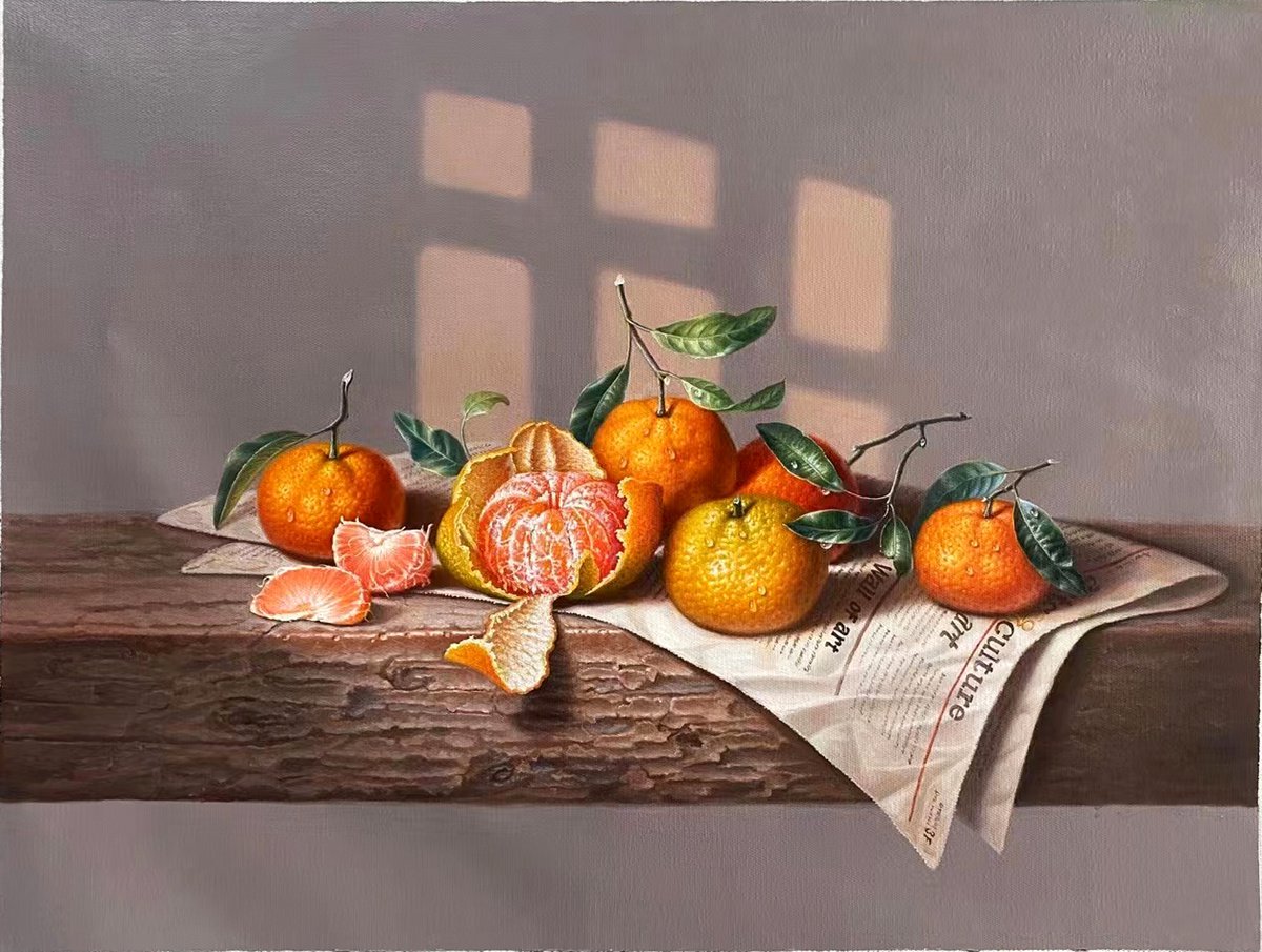 Still life:Oranges on the newspaper by Kunlong Wang