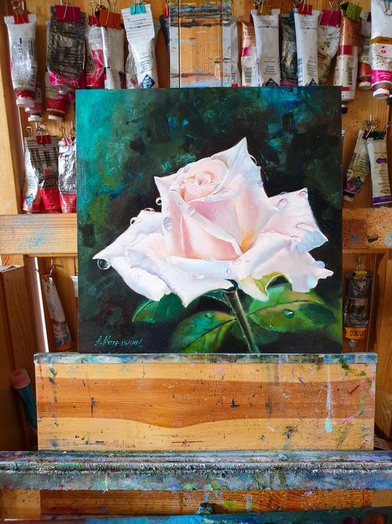 "Tears of a rose."  rose flower  liGHt original painting PALETTE KNIFE  GIFT (2020)