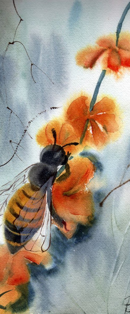 Honey bee with flower Watercolor ORIGINAL Painting by Olga Tchefranov (Shefranov)