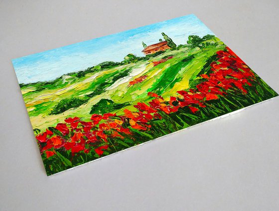 Tuscany Painting Poppy Original Art Landscape Oil Painting Impasto Small Artwork Meadow Wall Art