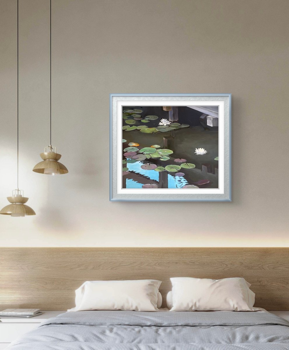 Graphic Painting , Under The Bridge. Water Lilies By Guzel Min, 18 X 16, Artwork For Sale On Artfinder