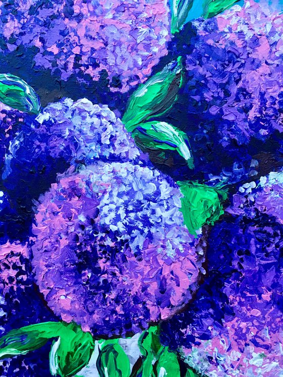 BOUQUET OF Purple hydrangea on turquoise in a white vase palette  knife Original Acrylic painting office home decor gift