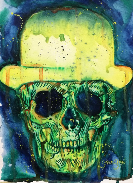 Bowler Hat Bonehead. Skull Watercolour Painting on Paper. 21.1cm x 28.6cm. Free Worldwide Shipping