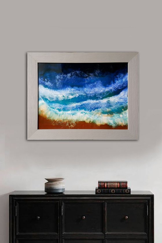 Abstract Fluid original artwork, painting Sea Surf, sea waves, coast