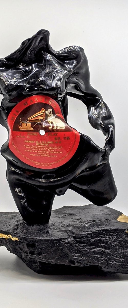 Female Figurative Sculpture, Vinyl Classical Music Record on Black Stone Gold Leaf Beethoven by Seona Mason