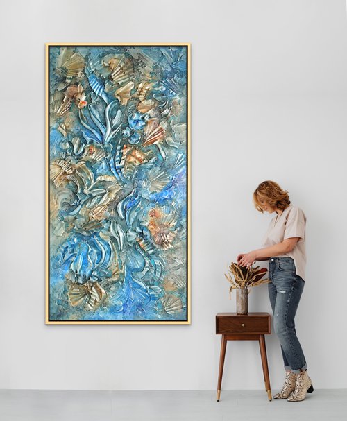 COASTAL TRANQUILITY. Abstract Blue Vertical Painting with 3D Dimensions by Sveta Osborne