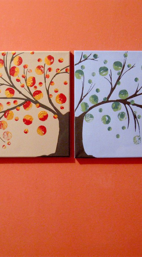 tree of life painting in a quadriptych style, for home office or nursery , original extra large wall art in acrylic hand made " Seasons " contemporary blossom 64 x 20" by Stuart Wright