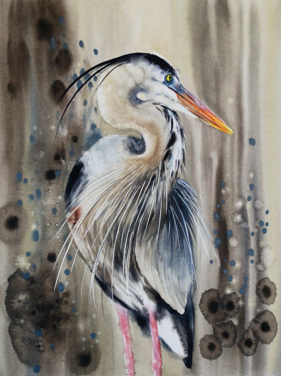 Dapper Bird - Grey heron - Great Blue Heron - bird painting - heron by Olga Beliaeva Watercolour