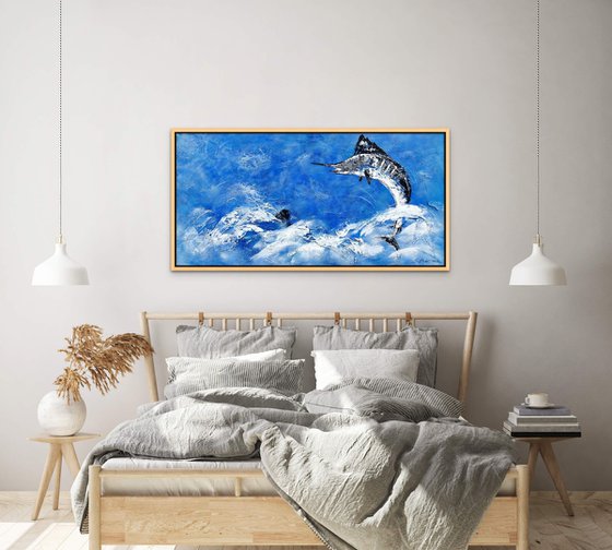 OCEAN TROPHY. Large Blue Abstract Painting of Fish Jumping out of the Water