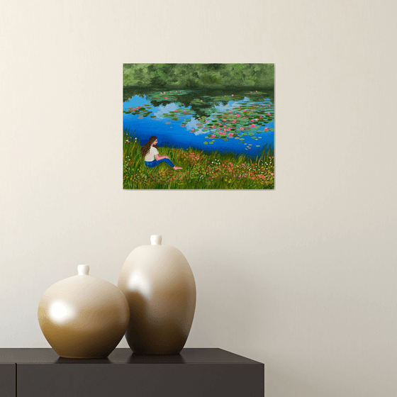 Girl by the pond !!  Ready to hang painting!! Floral landscape