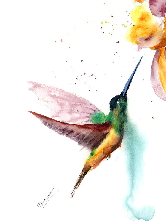 Flying Hummingbird with flower