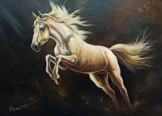White horse (70x100cm, oil painting, ready to hang)