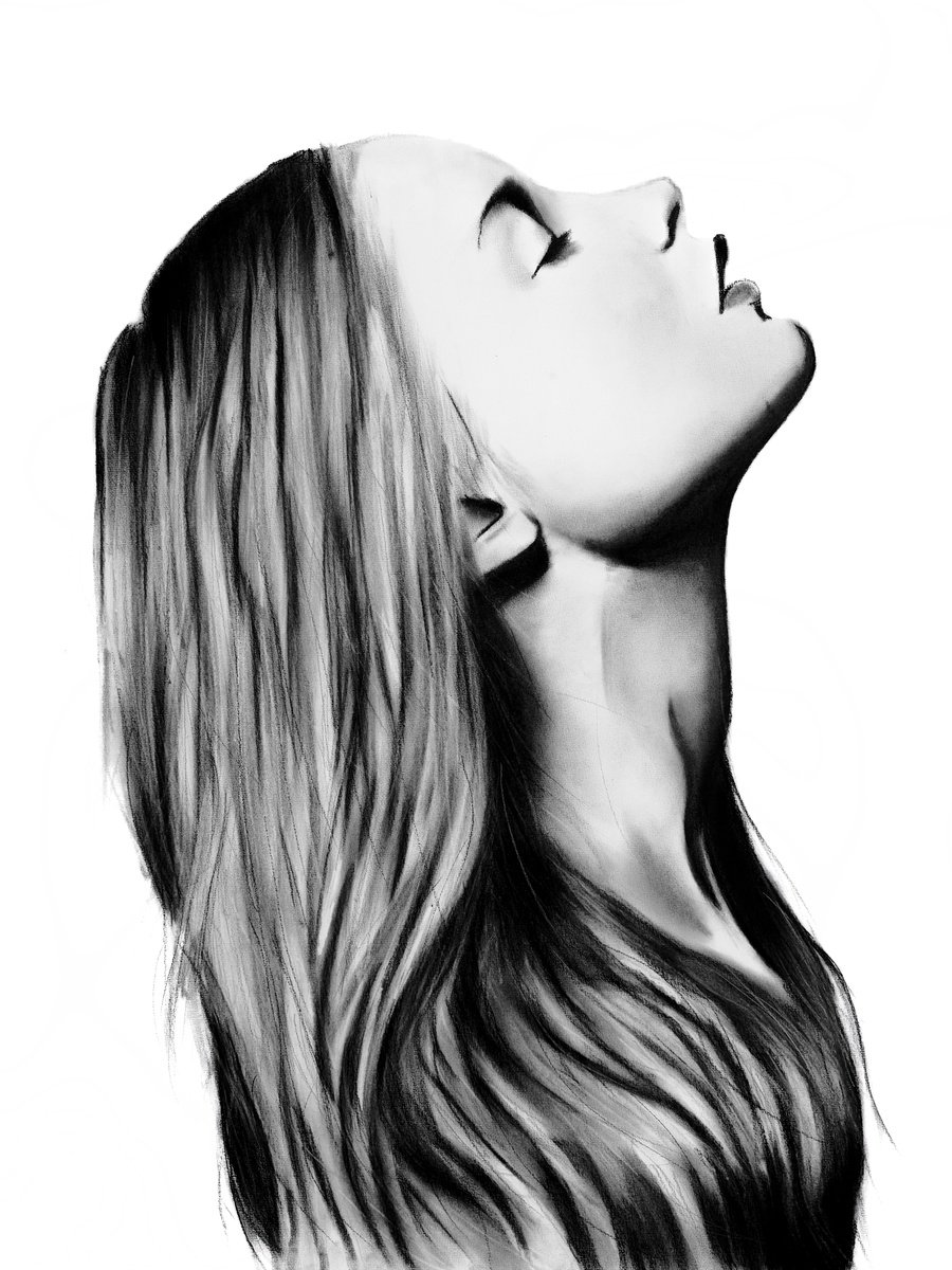 Photorealistic Portrait Charcoal Drawing By Denny Stoekenbroek, 20 X 26, Breath Of Silence, Original Artwork