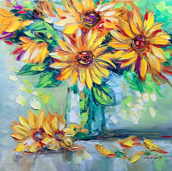 Sun Flowers Oil Painting - Sun Jewels - Textured Palette Knife