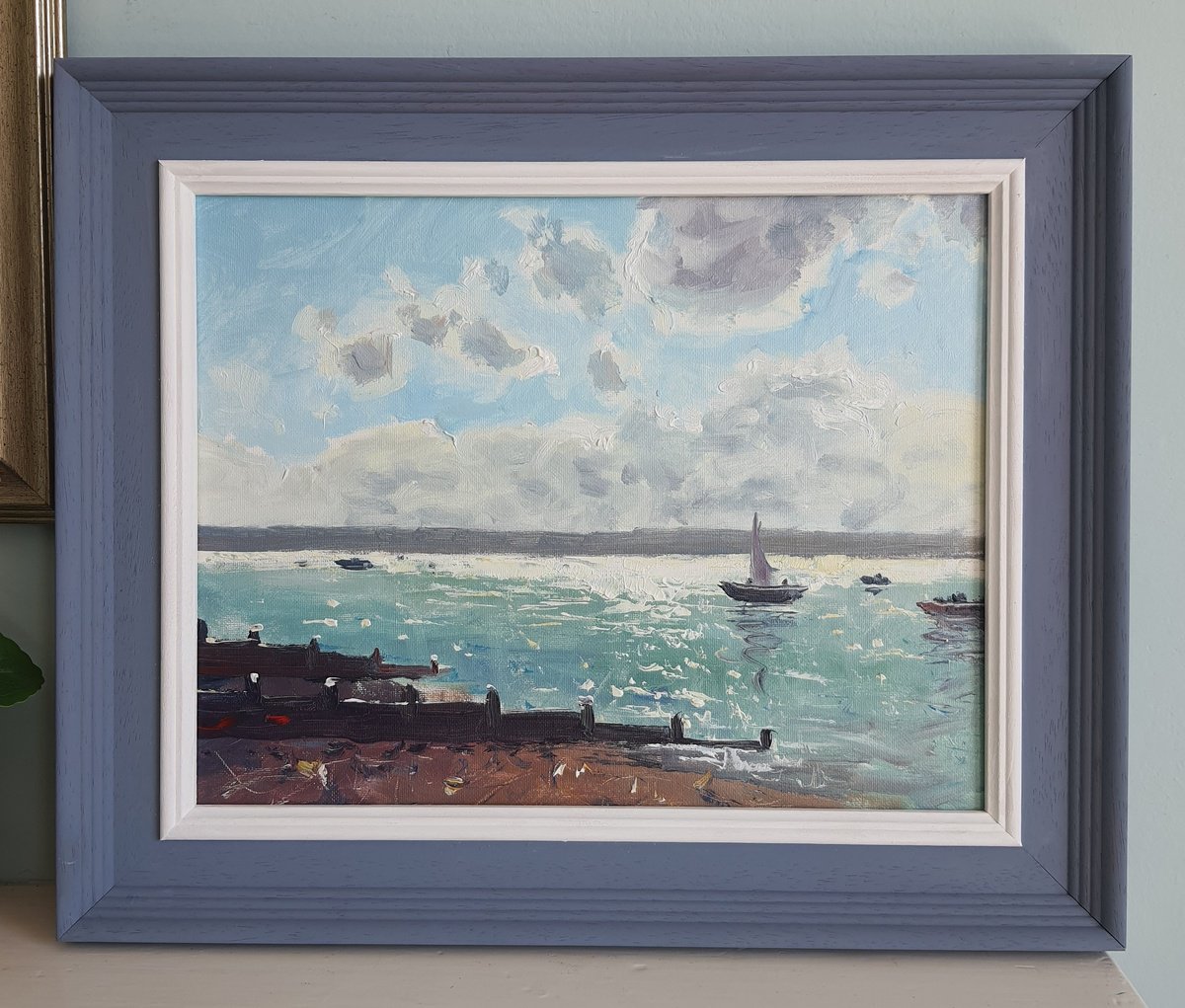 Impressionistic Landscape Oil Painting By Roberto Ponte, 18 X 15", Whitstable Beach Kent, Original Artwork