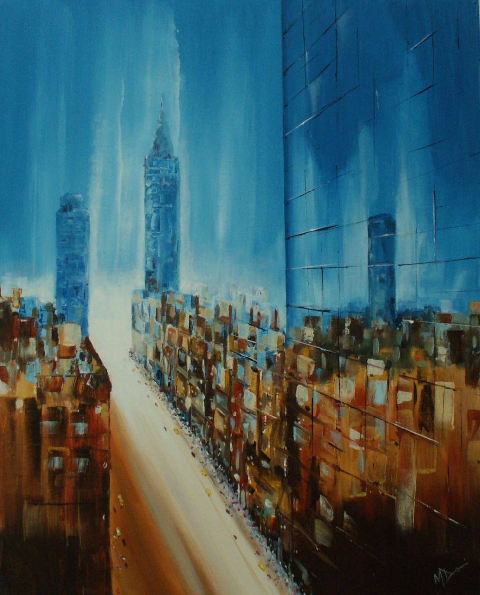 Impressionistic Cityscapes Painting By Mel Davies Original Art, 24 X 30", City Blues, Original Artwork