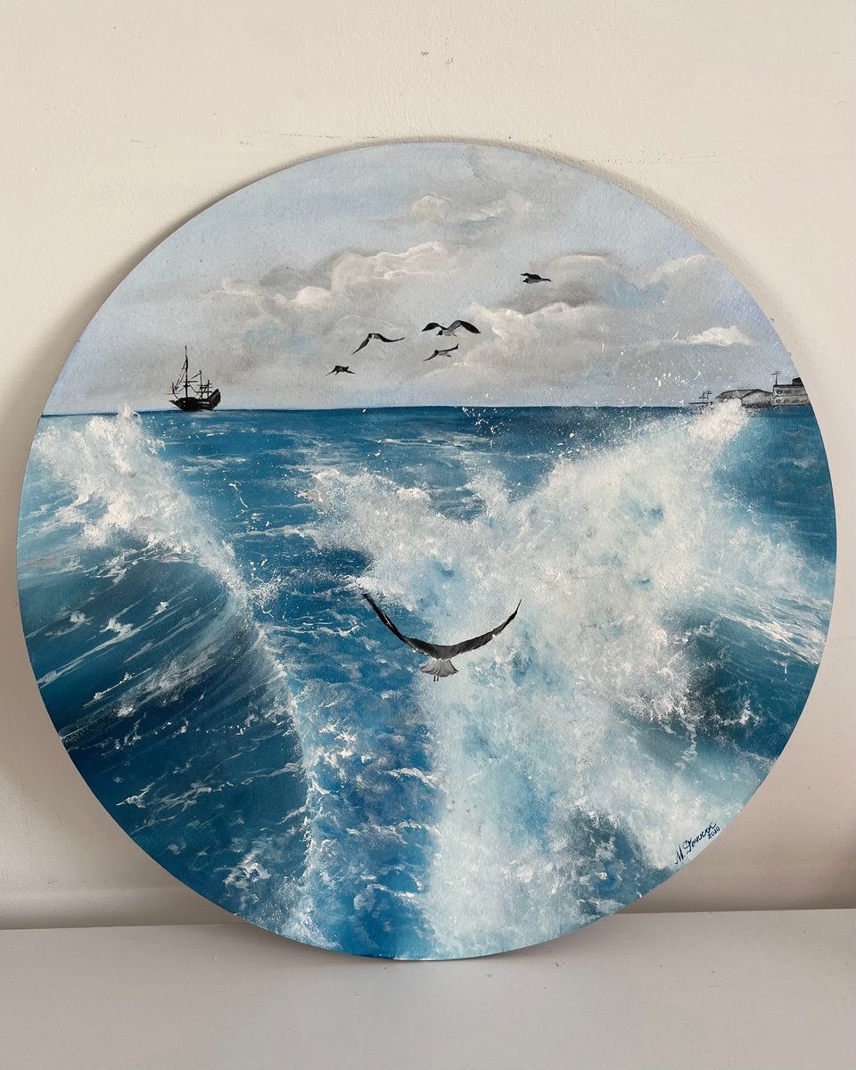 Photorealistic Landscape Oil Painting By Myroslava Denysyuk, 16 X 16", Sea Walk, Original Artwork