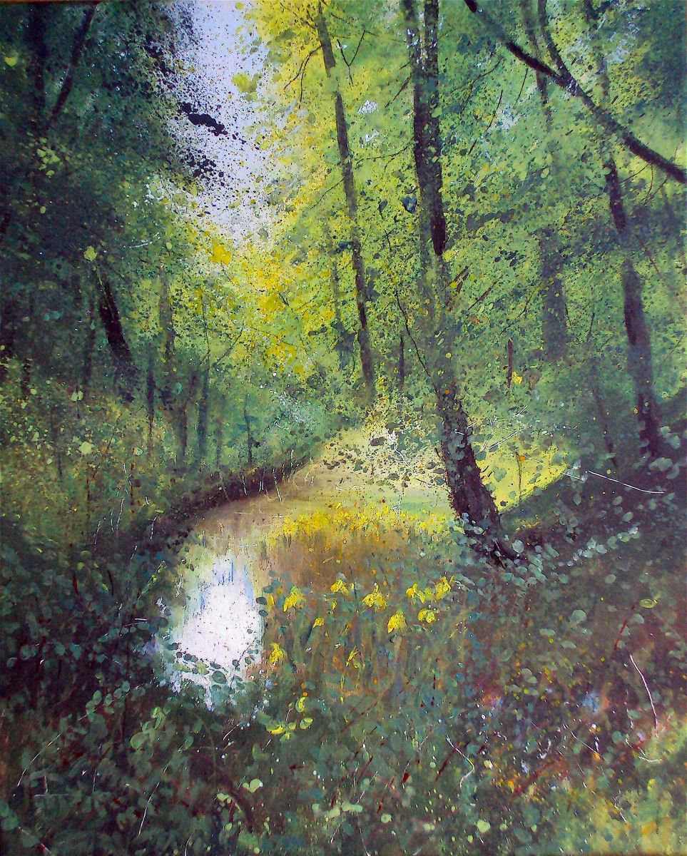 Secret woodland pond with yellow Irises Oil painting by Teresa Tanner ...