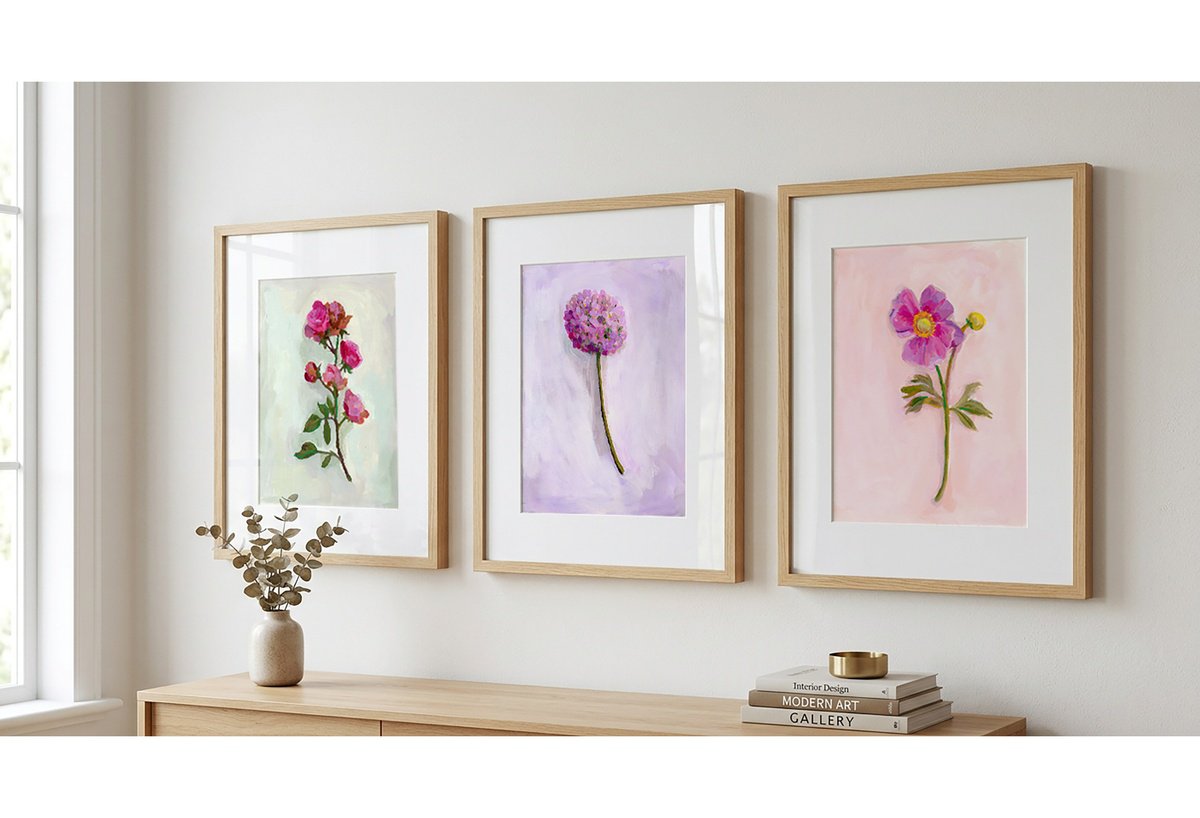 Illustrative Acrylic Painting , Single Stems Triptych By Dena Adams, 11 X 14, Artwork For Sale On Artfinder