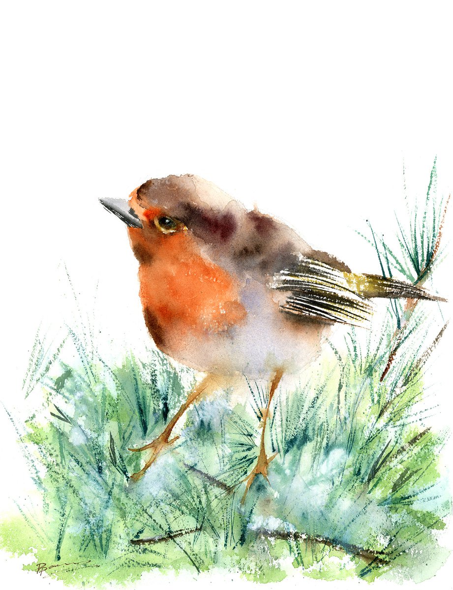Bird on the Green Branch- watercolor painting by Olga Shefranov (Tchefranova)