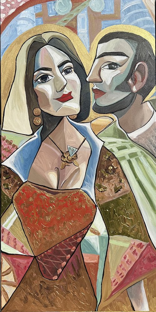 Sweet Couple ( selfportrait with husband in Picasso style) by Elena Adele Dmitrenko