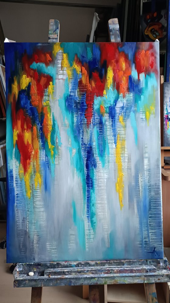 Cold melancholy and warm inspiration - abstraction, oil, original oil painting on canvas, red and blue colors