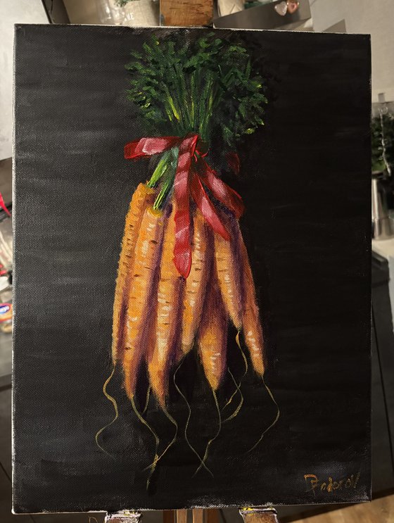 Still Life with Carrots and Red Ribbon