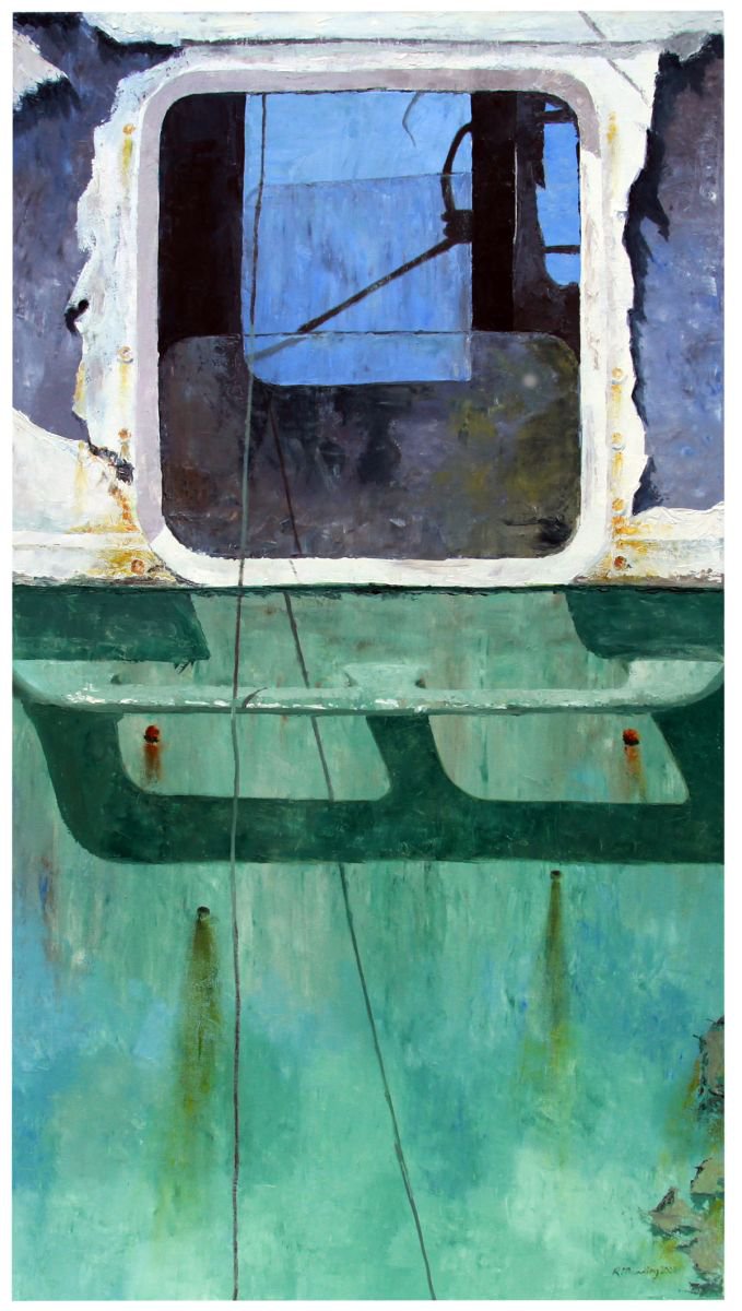 Photorealistic Abstract Oil Painting By Richard Manning, 26 X 48", Green Wheelhouse, Original Artwork