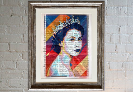 Queen Elizabeth II - The Union Jack 3 - Collage Art on Large Real English Dictionary Vintage Book Page