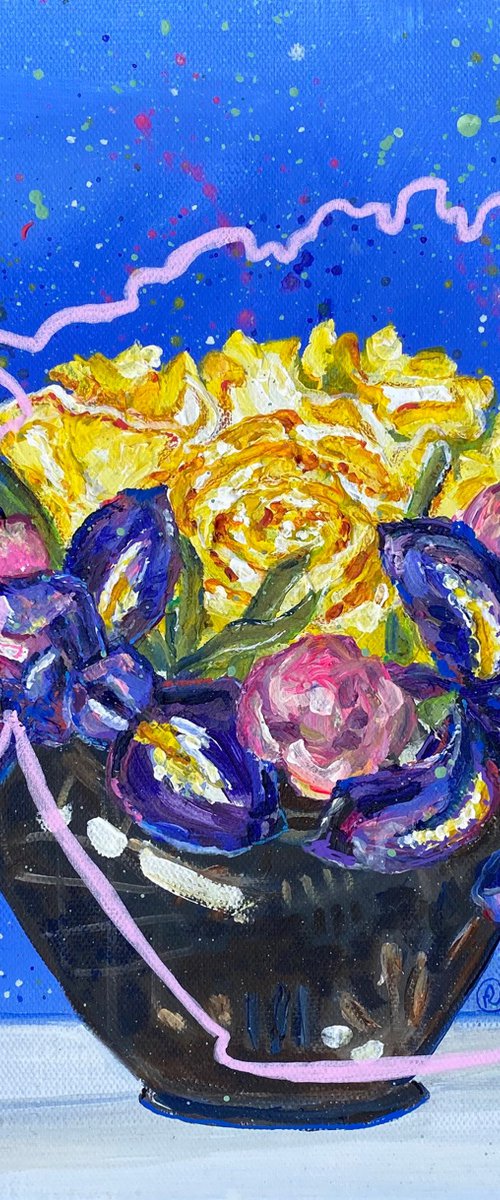 3 yellow roses & splashes by Rebecca Carr