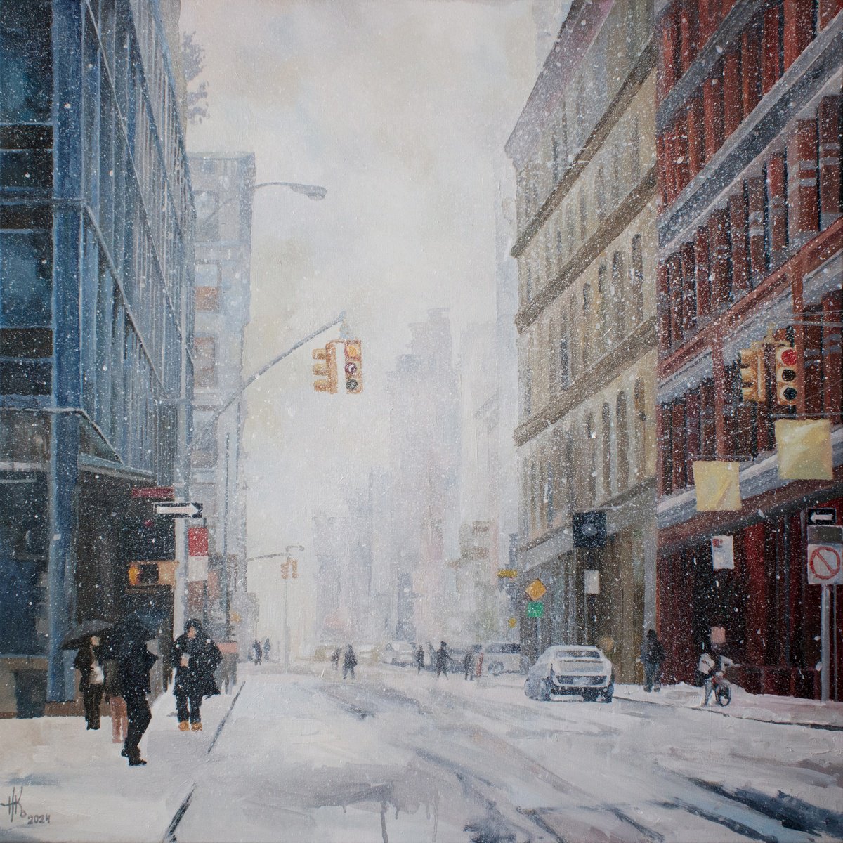 Impressionistic Cityscapes Oil Painting By Zhanna Kondratenko, 28 X 28", Snowfall, Original Artwork
